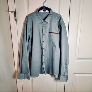 Coofandy Men’s 2XL Blue Stretch Button Up Shirt Faux Leather Pocket